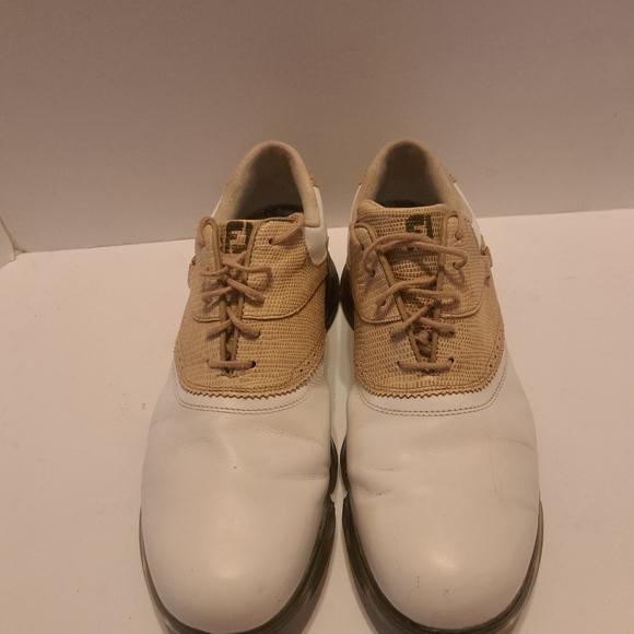 Footjoy Womens DryJoys Golf Shoes White Smooth, Tan Lizard Print Sz 10m #99193 - Picture 2 of 10